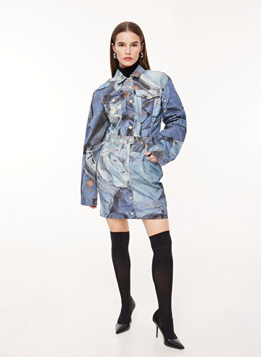 Moschino Jeans Gömlek Yaka Desenli Çok Renkli Diz Üstü Kadın Elbise A0413 3