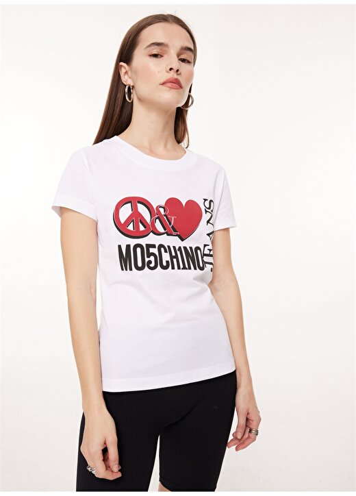 Moschino Jeans Bisiklet Yaka Baskılı Beyaz Kadın T-Shirt A0707 1