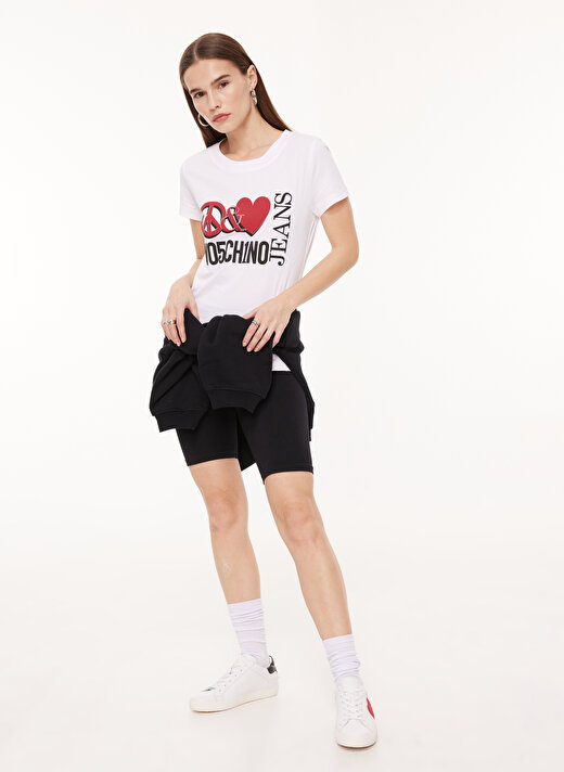 Moschino Jeans Bisiklet Yaka Baskılı Beyaz Kadın T-Shirt A0707 3