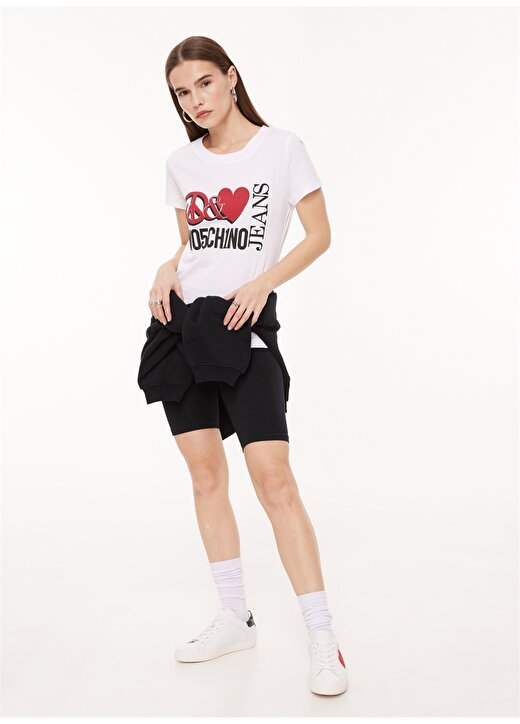 Moschino Jeans Bisiklet Yaka Baskılı Beyaz Kadın T-Shirt A0707 3