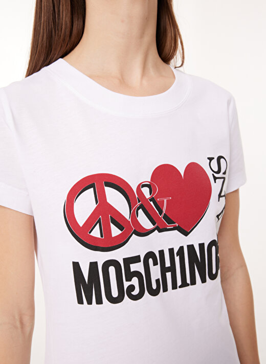 Moschino Jeans Bisiklet Yaka Baskılı Beyaz Kadın T-Shirt A0707 4