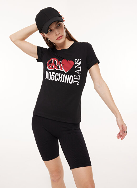 Moschino Jeans Bisiklet Yaka Baskılı Siyah Kadın T-Shirt A0707 1