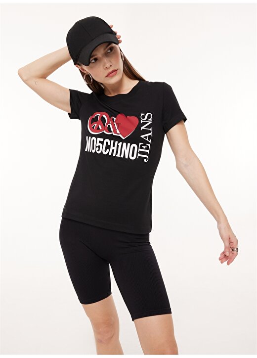 Moschino Jeans Bisiklet Yaka Baskılı Siyah Kadın T-Shirt A0707 1