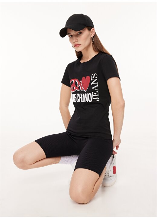 Moschino Jeans Bisiklet Yaka Baskılı Siyah Kadın T-Shirt A0707 2
