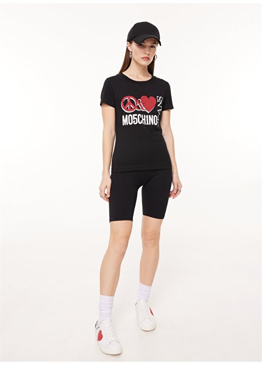 Moschino Jeans Bisiklet Yaka Baskılı Siyah Kadın T-Shirt A0707 3