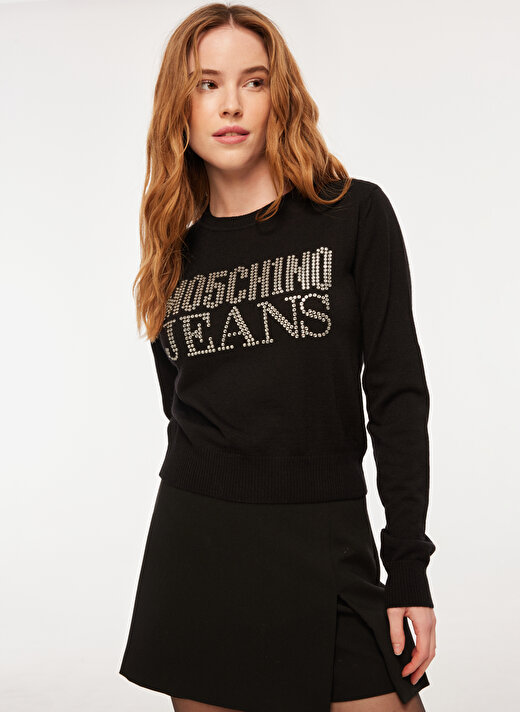 Moschino Jeans Bisiklet Yaka Normal Baskılı Siyah Kazak Kadın A0908 3