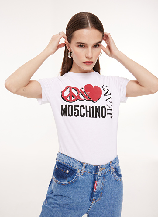 Moschino Jeans Bisiklet Yaka Baskılı Beyaz Kadın T-Shirt J0713 2