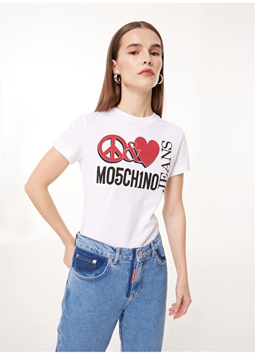 Moschino Jeans Bisiklet Yaka Baskılı Beyaz Kadın T-Shirt J0713 3