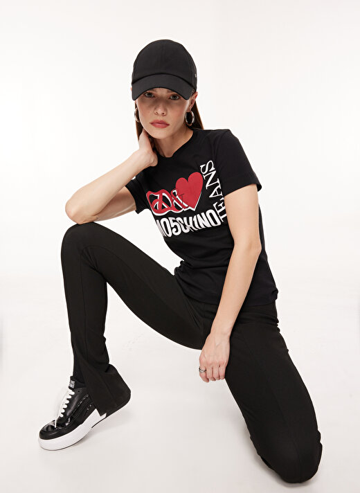 Moschino Jeans Bisiklet Yaka Baskılı Siyah Kadın T-Shirt J0713 1