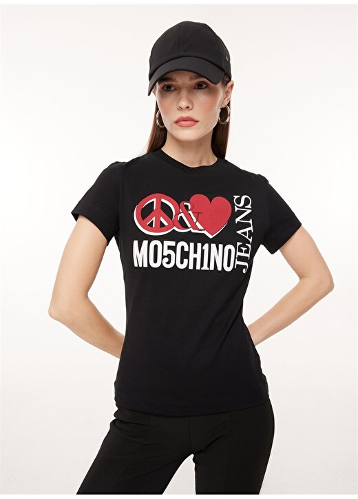 Moschino Jeans Bisiklet Yaka Baskılı Siyah Kadın T-Shirt J0713 4