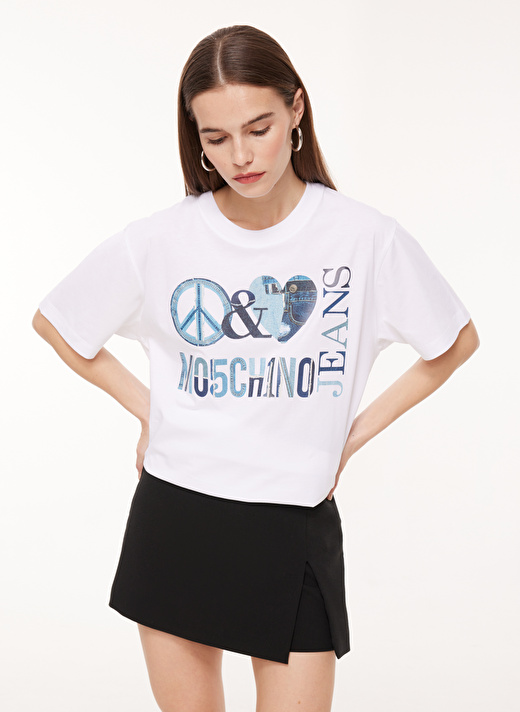 Moschino Jeans Bisiklet Yaka Baskılı Beyaz Kadın T-Shirt A0704 1