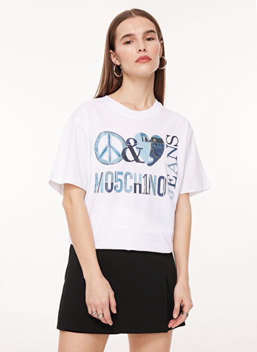 Moschino Jeans Bisiklet Yaka Baskılı Beyaz Kadın T-Shirt A0704 2