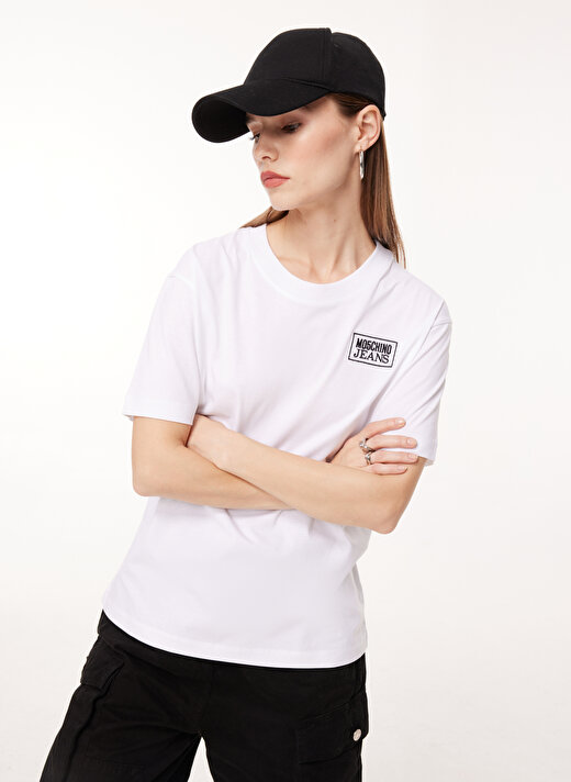 Moschino Jeans Bisiklet Yaka Düz Beyaz Kadın T-Shirt A0709 1