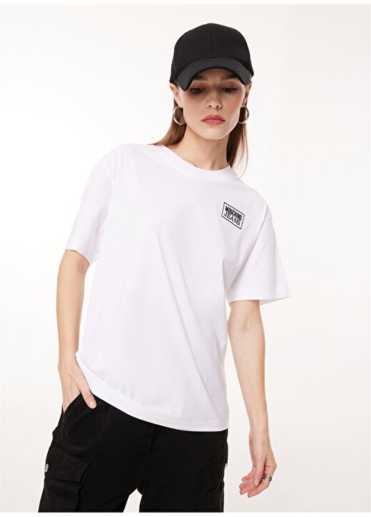 Moschino Jeans Bisiklet Yaka Düz Beyaz Kadın T-Shirt A0709 2