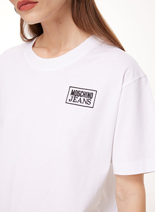 Moschino Jeans Bisiklet Yaka Düz Beyaz Kadın T-Shirt A0709 4