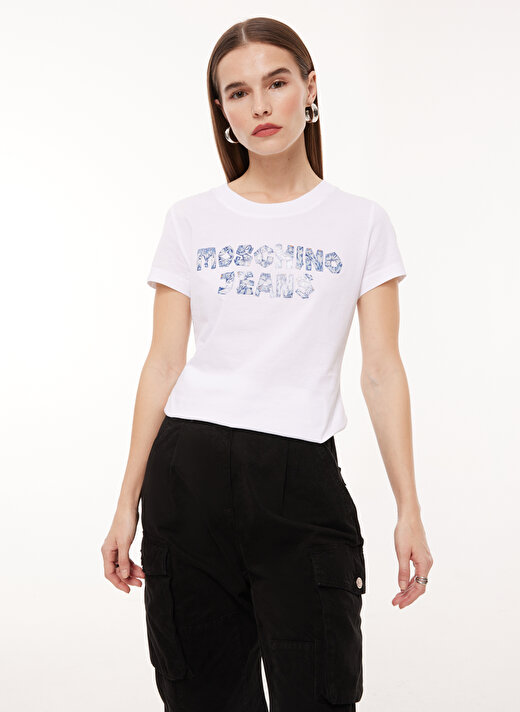 Moschino Jeans Bisiklet Yaka Baskılı Beyaz Kadın T-Shirt A0701 2