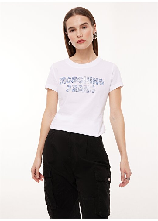 Moschino Jeans Bisiklet Yaka Baskılı Beyaz Kadın T-Shirt A0701 2