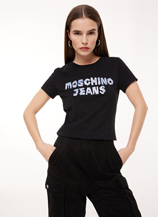 Moschino Jeans Bisiklet Yaka Baskılı Siyah Kadın T-Shirt A0701 1