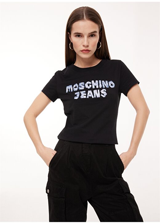 Moschino Jeans Bisiklet Yaka Baskılı Siyah Kadın T-Shirt A0701 1