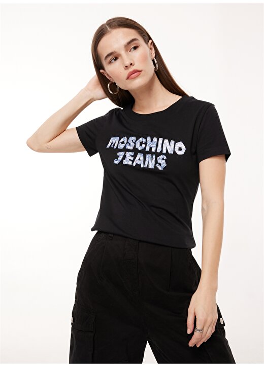 Moschino Jeans Bisiklet Yaka Baskılı Siyah Kadın T-Shirt A0701 2