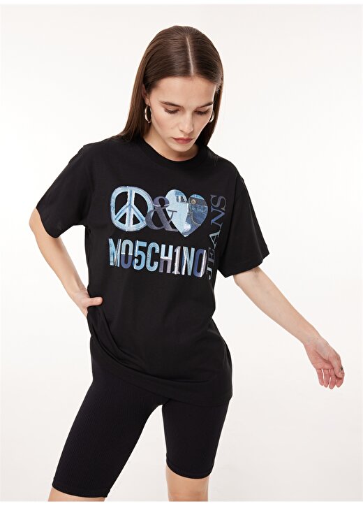 Moschino Jeans Bisiklet Yaka Baskılı Siyah Kadın T-Shirt A0704 1