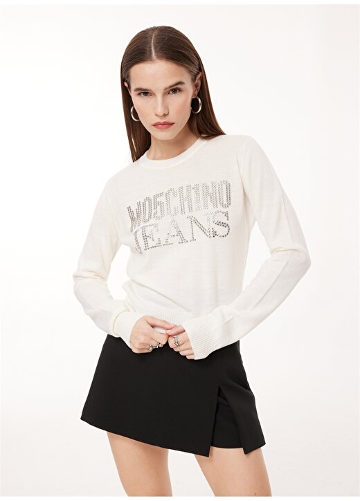 Moschino Jeans Beyaz Kadın Bisiklet Yaka Baskılı Sweatshirt A0908 2