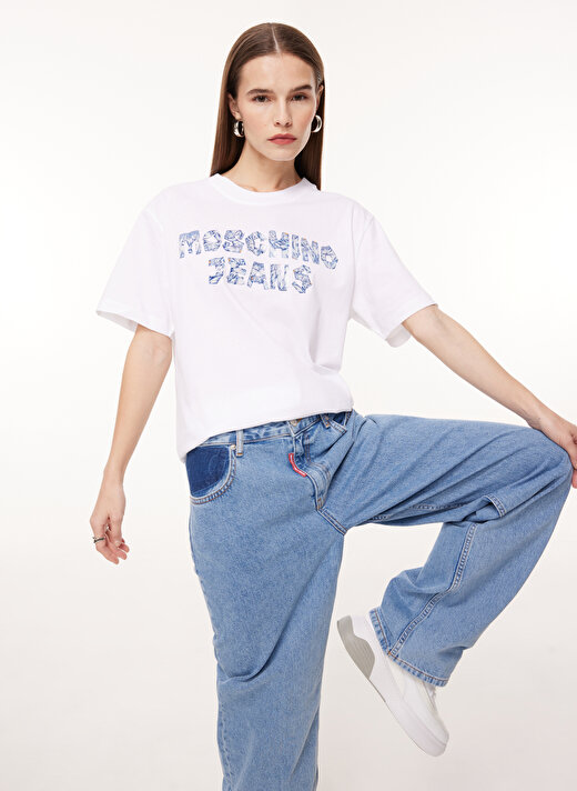 Moschino Jeans Bisiklet Yaka Baskılı Beyaz Kadın T-Shirt J0708 1