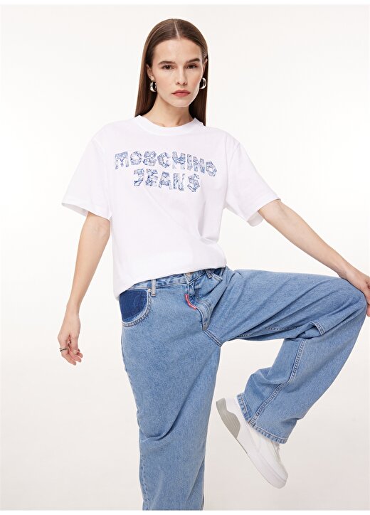 Moschino Jeans Bisiklet Yaka Baskılı Beyaz Kadın T-Shirt J0708 1