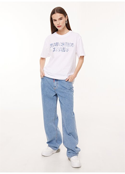 Moschino Jeans Bisiklet Yaka Baskılı Beyaz Kadın T-Shirt J0708 2