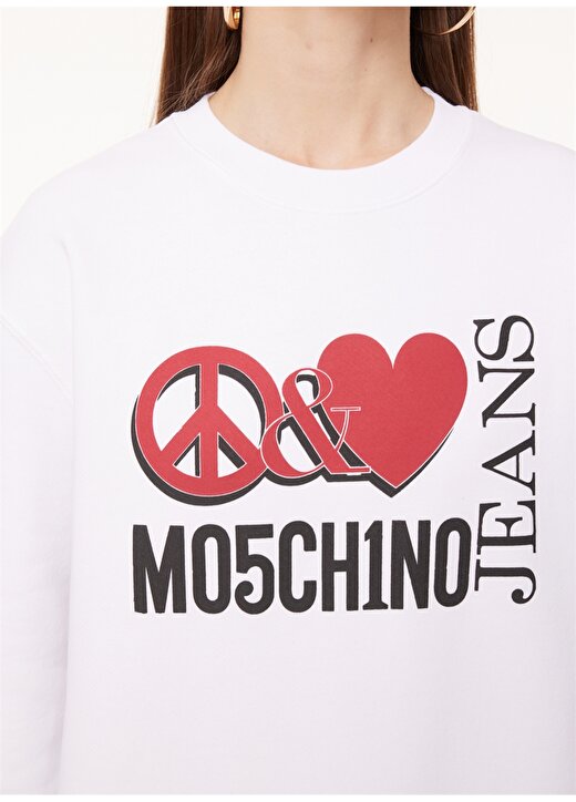 Moschino Jeans Bisiklet Yaka Baskılı Beyaz Kadın Sweatshırt J1716 4