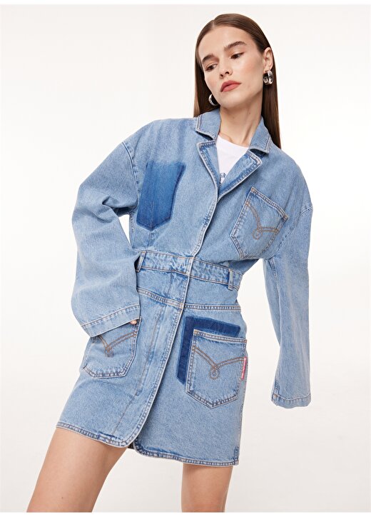 Moschino Jeans Gömlek Yaka Düz İndigo Kısa Kadın Elbise J0445 2
