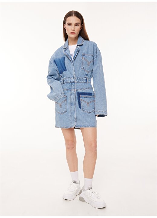 Moschino Jeans Gömlek Yaka Düz İndigo Kısa Kadın Elbise J0445 4
