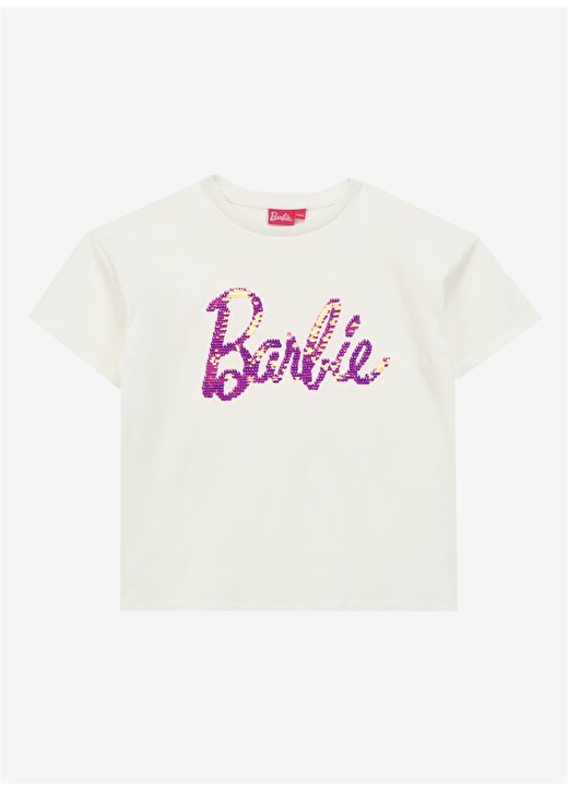 Barbie Beyaz - Pembe Kız Çocuk Bisiklet Yaka Payetli T-Shirt BRB4SG-TST6020 1