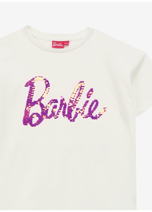 Barbie Beyaz - Pembe Kız Çocuk Bisiklet Yaka Payetli T-Shirt BRB4SG-TST6020 3