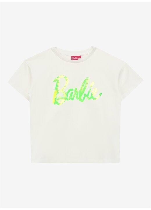 Barbie Payetli Sarı - Beyaz Kız Çocuk T-Shirt BRB4SG-TST6020 1