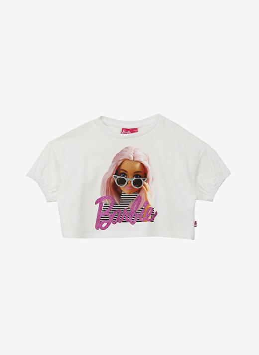 Barbie Ekru Kız Çocuk Bisiklet Yaka Crop Baskılı T-Shirt BRB4SG-TST6008 1