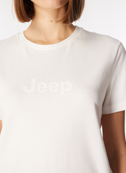 Jeep Kırık Beyaz Kadın Bisiklet Yaka Baskılı T-Shirt J4SL-TST7029  4
