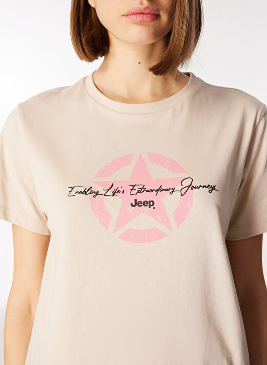 Jeep Bej Kadın Bisiklet Yaka Crop Baskılı T-Shirt J4SL-TST7036  4