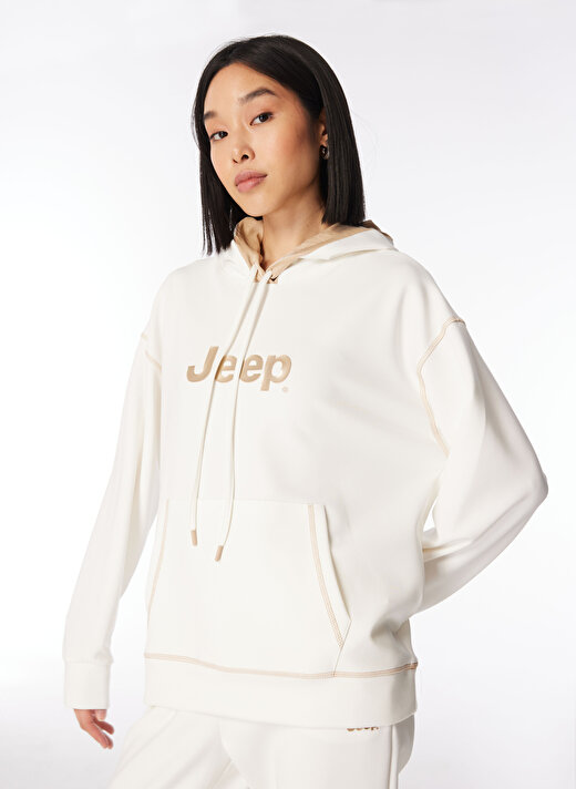 Jeep Kırık Beyaz Kadın Kapüşonlu Loose Fit Baskılı Sweatshirt J4SL-SWT7022 4