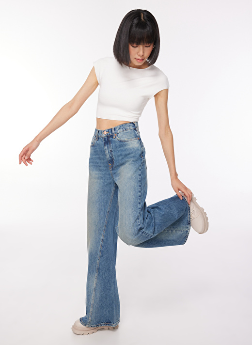 Denim Trip DT10441 AIDAN Super Wide Leg Fit No Mavi Kadın Normal Bel Standart Desenli Denim Pantolon 2