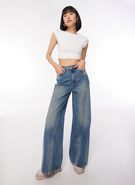 Denim Trip DT10441 AIDAN Super Wide Leg Fit No Mavi Kadın Normal Bel Standart Desenli Denim Pantolon 4