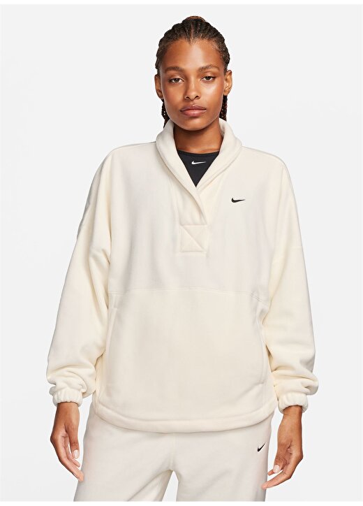 Nike Beyaz Kadın Kruvaze Geniş Fit Sweatshirt FB5642-110-W NK ONE TF LS TOP POLAR 2