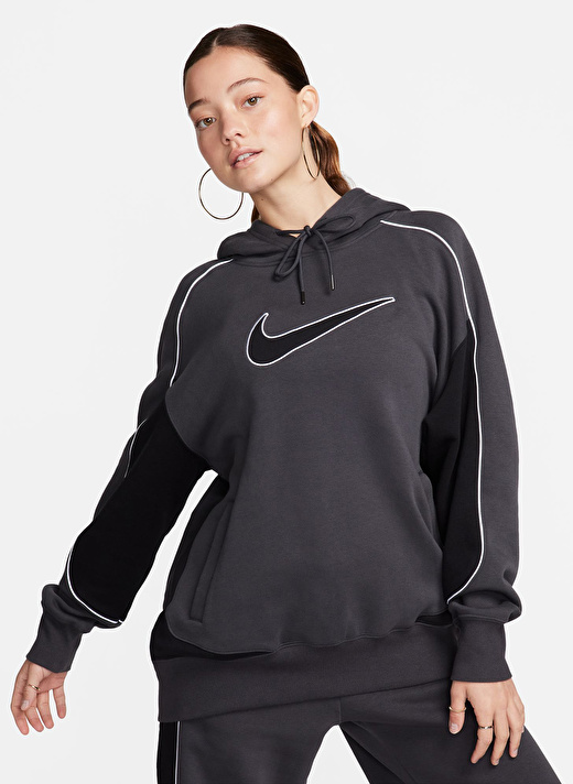 Nike Siyah - Antrasit Kadın Kapüşon Yaka Sweatshirt FV5311-060-W NSW FLC OS PO HDY SW  3