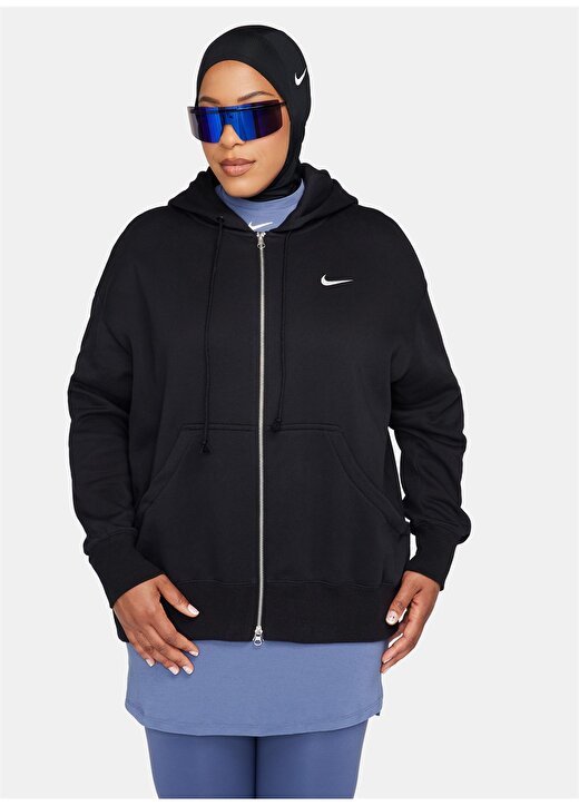 Nike Siyah Kadın Kapüşon Yaka Zip Ceket DQ5758-010-W NSW PHNX FLC FZ OS HOO 2
