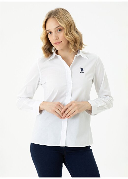 U.S. Polo Assn. Slim Fit Gömlek Yaka Düz Beyaz Kadın Gömlek SALY023K 1