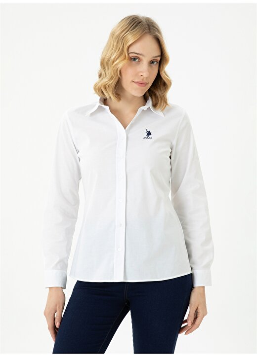 U.S. Polo Assn. Slim Fit Gömlek Yaka Düz Beyaz Kadın Gömlek SALY023K 3