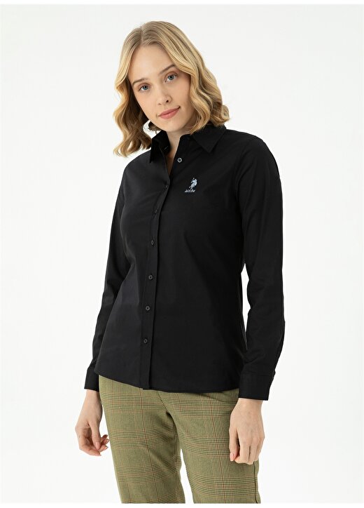 U.S. Polo Assn. Slim Fit Gömlek Yaka Düz Siyah Kadın Gömlek SALY023K 3