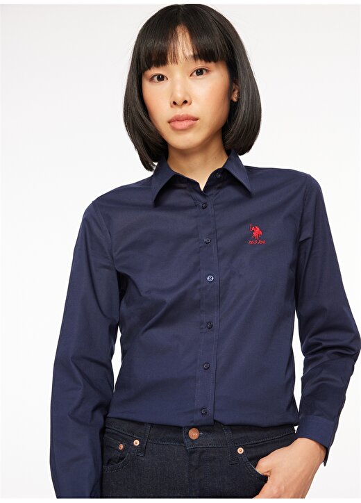 U.S. Polo Assn. Slim Fit Gömlek Yaka Düz Lacivert Kadın Gömlek SALY023K 3