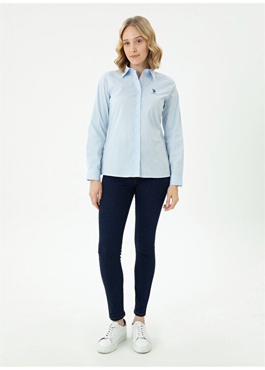 U.S. Polo Assn. Slim Fit Gömlek Yaka Düz İndigo Kadın Gömlek SALY023K 4