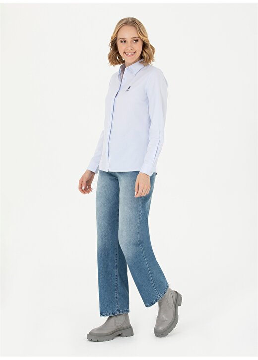 U.S. Polo Assn. Slim Fit Gömlek Yaka Düz İndigo Kadın Gömlek WOX023K 4